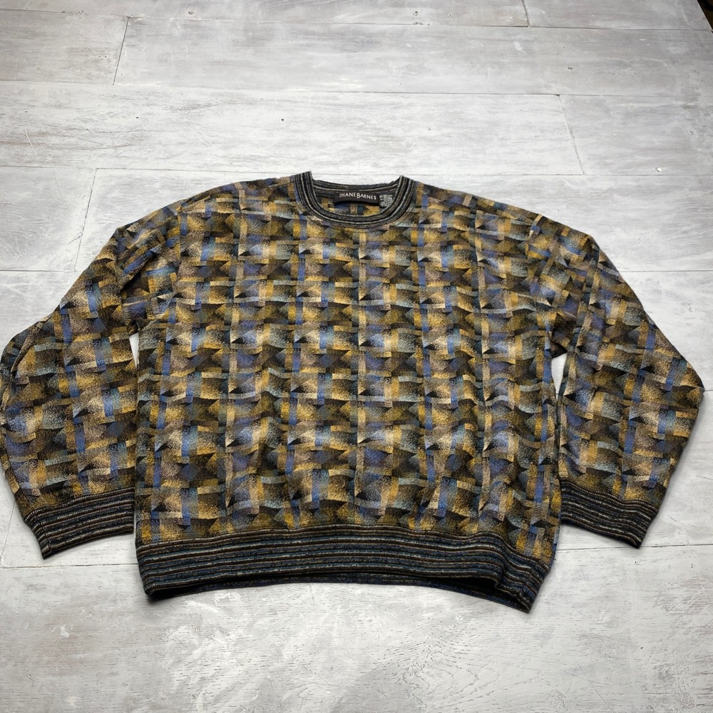 Jhane Barnes Sweater Mens L Gold Blue Geometric Wool Blend Vintage Crewneck Knit
